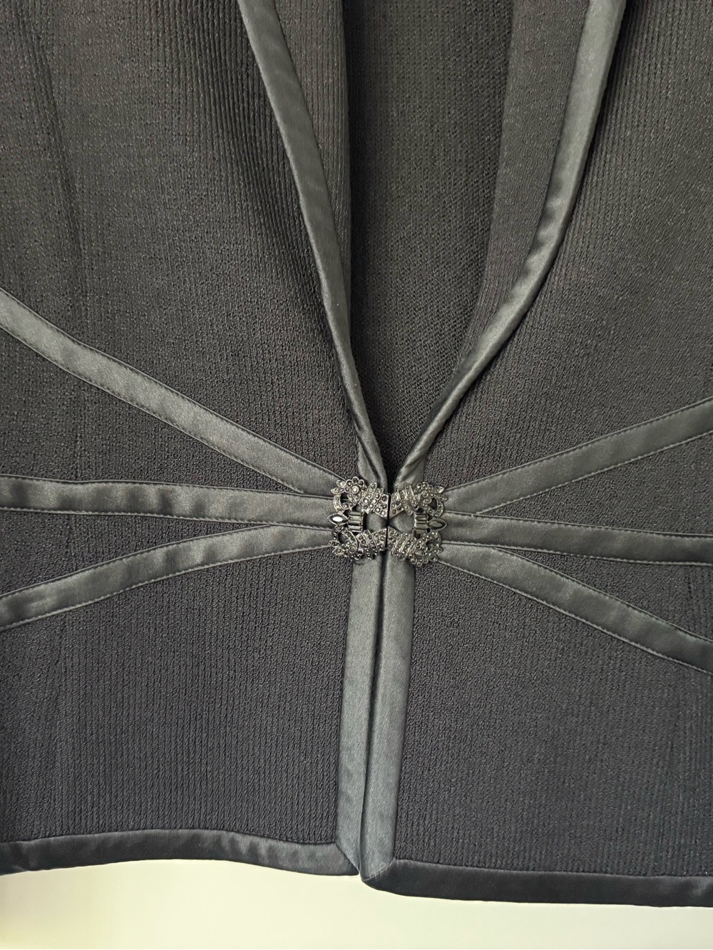 St. John Evening Marie Gray Black Santana Knit Jacket Satin Trim - Picture 2 of 6
